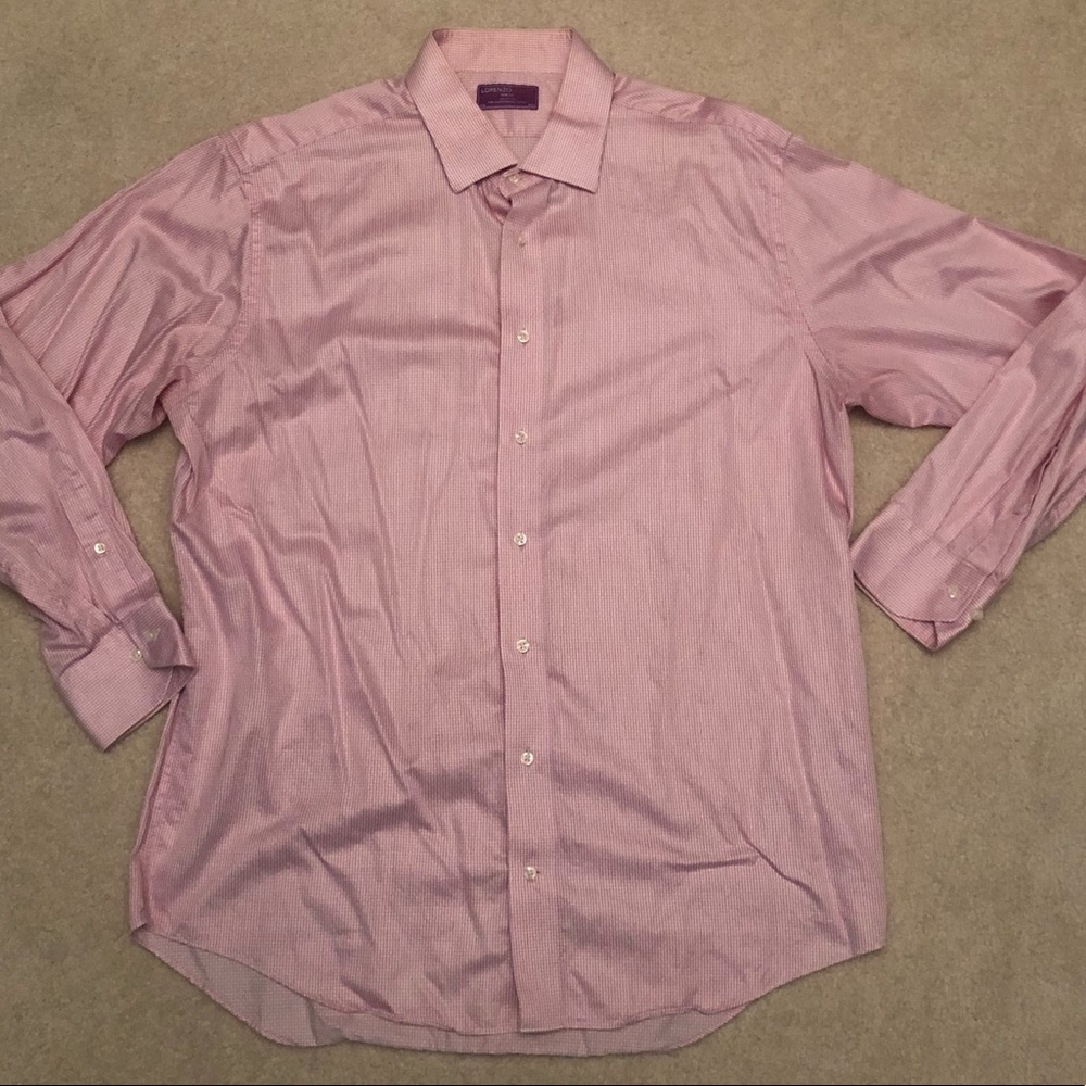 Lorenzo Uomo Trim Fit Plaid Pink Button Down Long Sleeve Shirt size 17 1/2 34/35